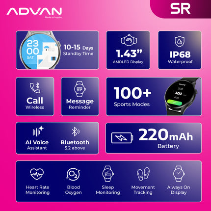 ADVAN Smartwatch SR | Amoled Display 1.43" | Bluetooth Call | Ai Voice Assistant | Waterproof IP68 |  Bluetooth 5.2 | 100+ Mode Sport | Material ZInc Alloy | Up To 15-Days Battery Life