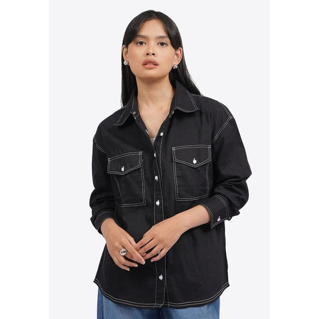 COLORBOX Contrast Stitch Long Sleeve Shirt Black