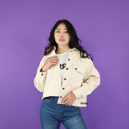 JINISO Jaket Crop Jeans Oversize Pocket Khaki