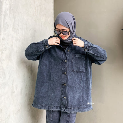 JINISO Jaket Jeans Oversize Basic Pocket Black Acid