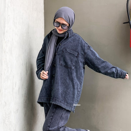 JINISO Jaket Jeans Oversize Basic Pocket Black Acid