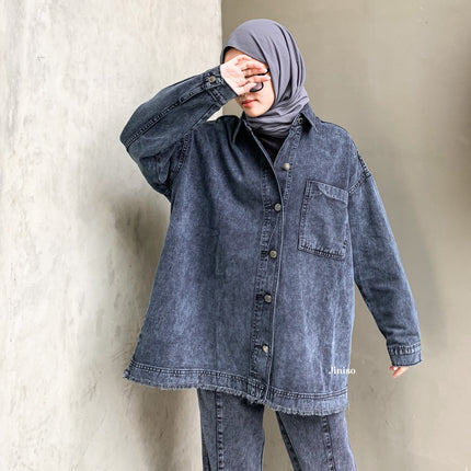 JINISO Jaket Jeans Oversize Basic Pocket Black Acid