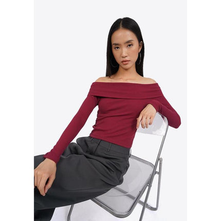 COLORBOX Long Sleeve Off Shoulder Top Dark Red