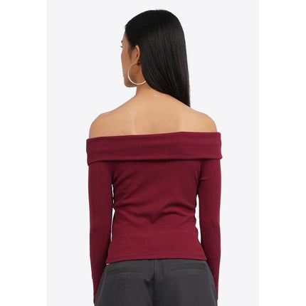 COLORBOX Long Sleeve Off Shoulder Top Dark Red
