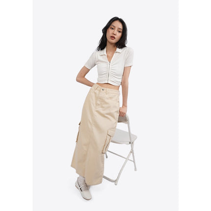 COLORBOX Ruched Front Polo Crop Top Off White