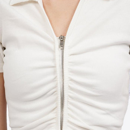 COLORBOX Ruched Front Polo Crop Top Off White