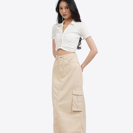 COLORBOX Ruched Front Polo Crop Top Off White