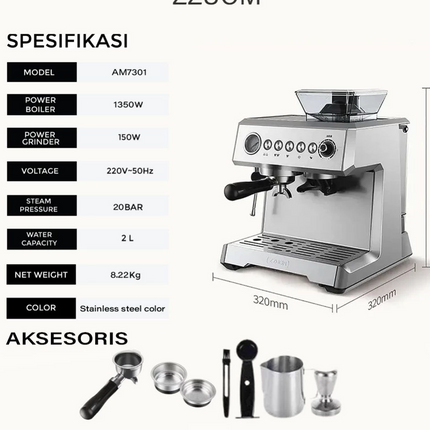 Mesin Kopi Multi/Grinder/Milk Frother 2 Boiler 20Bar 1350W -AM7301