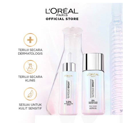 L'Oreal Paris Glycolic Bright Glowing Skincare Set Mencerahkan - Facial Foam 50 ml, Toner 65ml, Serum 15ml, Day & Night Cream 15ml