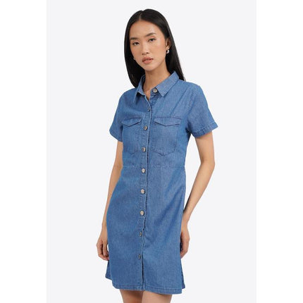 COLORBOX Short Sleeve Denim Mini Dress Med Blue