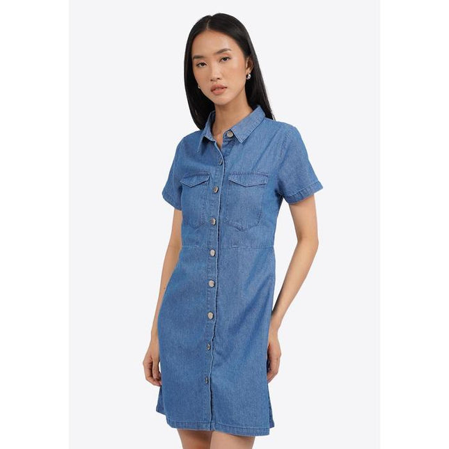 COLORBOX Short Sleeve Denim Mini Dress Med Blue