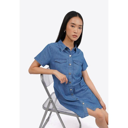 COLORBOX Short Sleeve Denim Mini Dress Med Blue