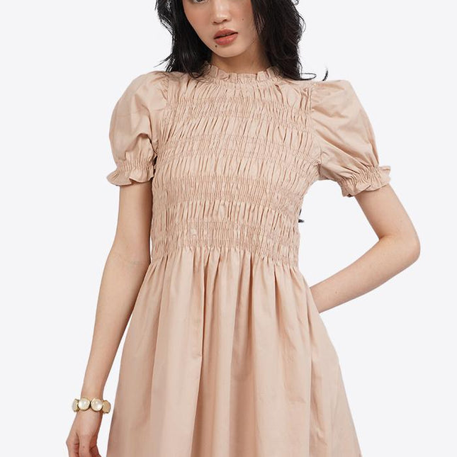 COLORBOX Short Sleeve Smocked Mini Dress Lt. Brown