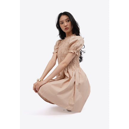 COLORBOX Short Sleeve Smocked Mini Dress Lt. Brown