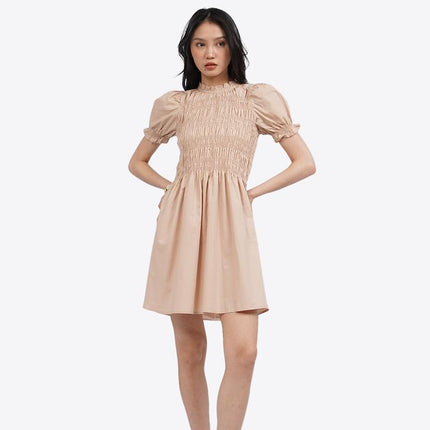 COLORBOX Short Sleeve Smocked Mini Dress Lt. Brown